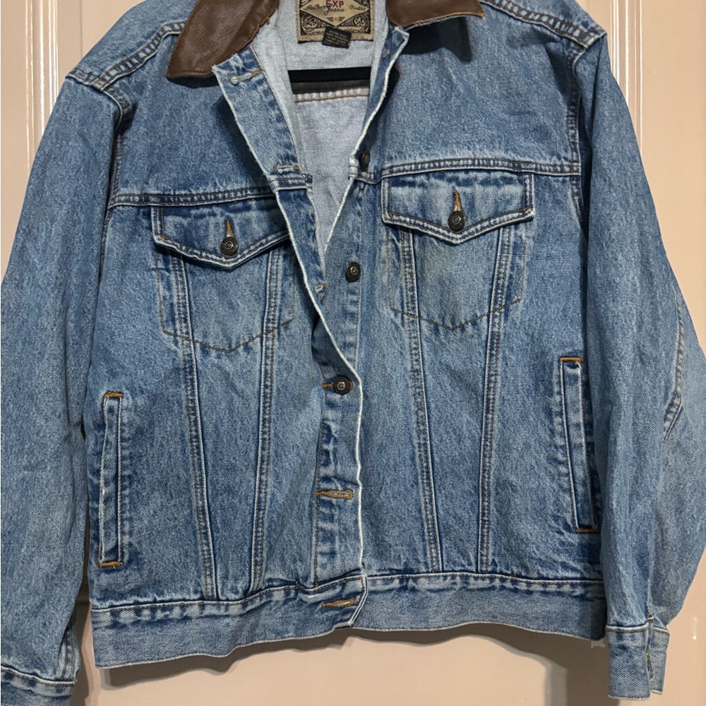 VINTAGE 1980’s Express Distressed Blue Denim Jacket with Brown Leather Collar